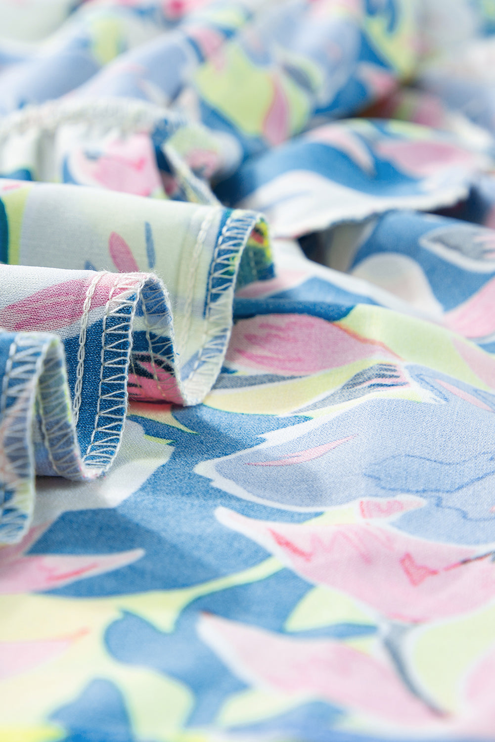 Sky Blue Floral Printed V Notched Ric Rac Flutter Sleeve Dress Floral Dresses JT's Designer Fashion