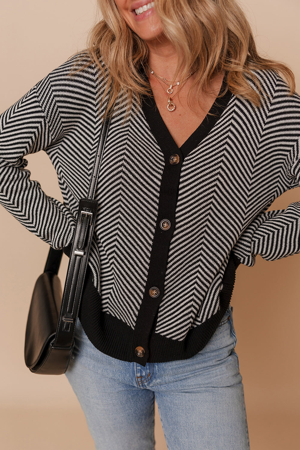 White Stripe Buttoned Front V Neck Herringbone Cardigan Cardigans JT's Designer Fashion