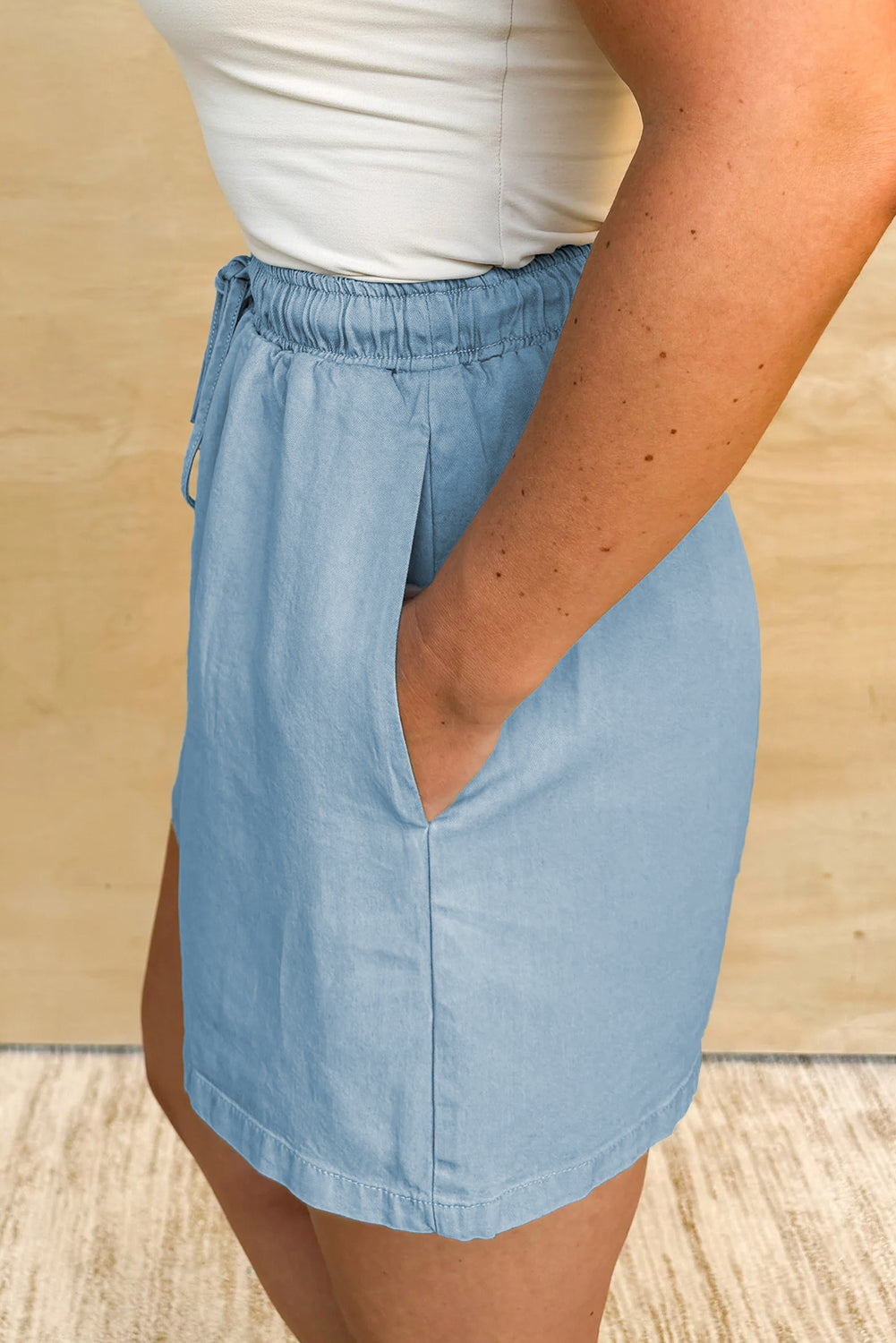 Beau Blue Washed Chambray Drawstring Elastic Waist Plus Size Shorts Plus Size Bottoms JT's Designer Fashion