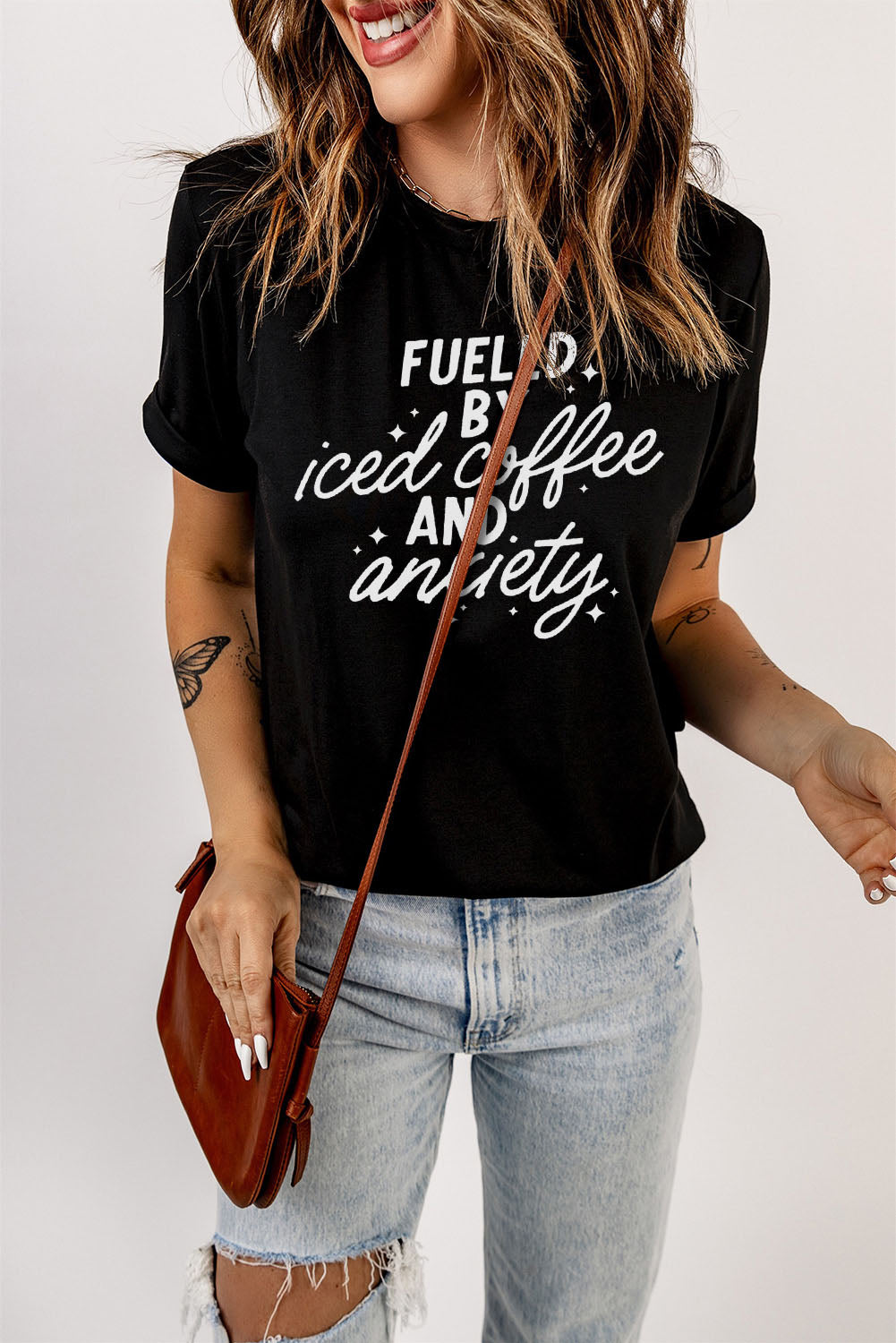Black FUELED BY iced coffee AND anxiety Graphic Tee Graphic Tees JT's Designer Fashion
