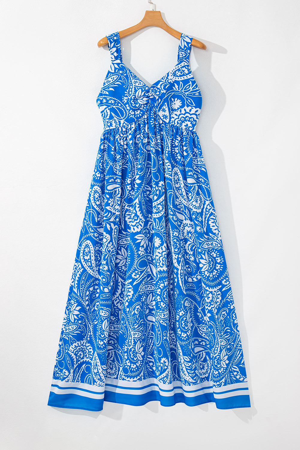 Blue Paisley V Neck Crisscross Backless Long Dress Maxi Dresses JT's Designer Fashion