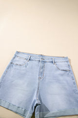Beau Blue Folded Edge High Waist Plus Size Denim Shorts Plus Size Bottoms JT's Designer Fashion