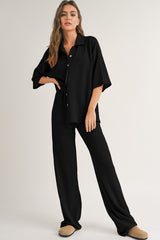 Black Solid Color Textured Buttoned Shirt and Casual Pants Set Pant Sets JT's Designer Fashion