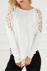 White Solid Scoop Neck Hollow Out Sweater Sweaters & Cardigans JT's Designer Fashion