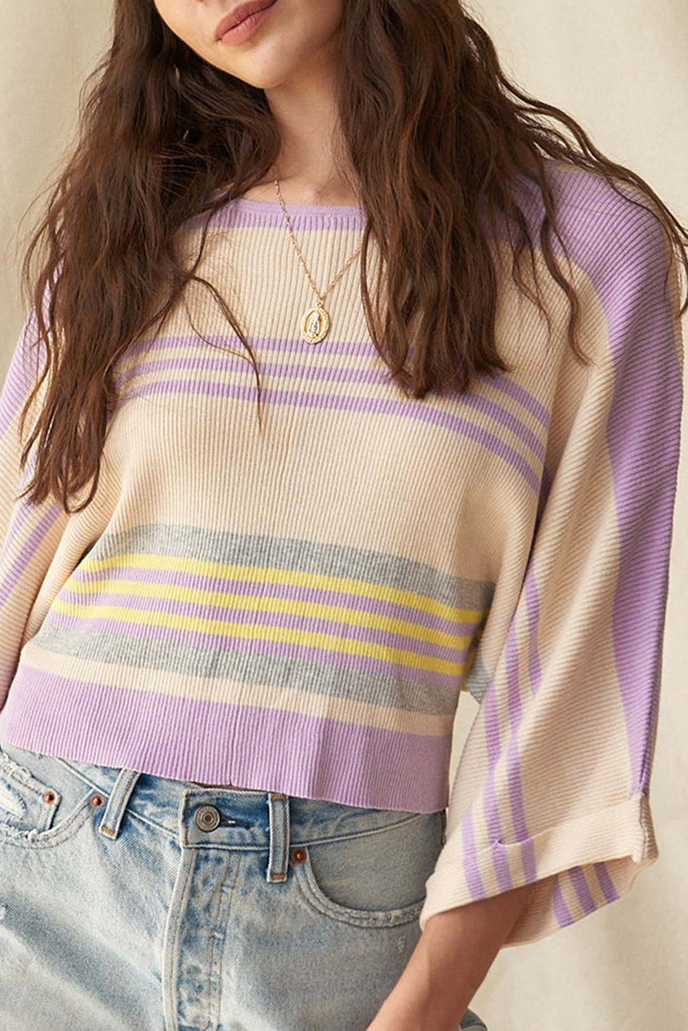 Purple Stripe Borderline Rib Knit Cuffed Dolman Sleeve Sweater Purple Stripe 50%Viscose+28%Polyester+22%Polyamide Sweaters JT's Designer Fashion