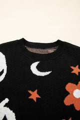 Black Halloween Mythical Night Pattern Drop Shoulder Sweater Sweaters JT's Designer Fashion