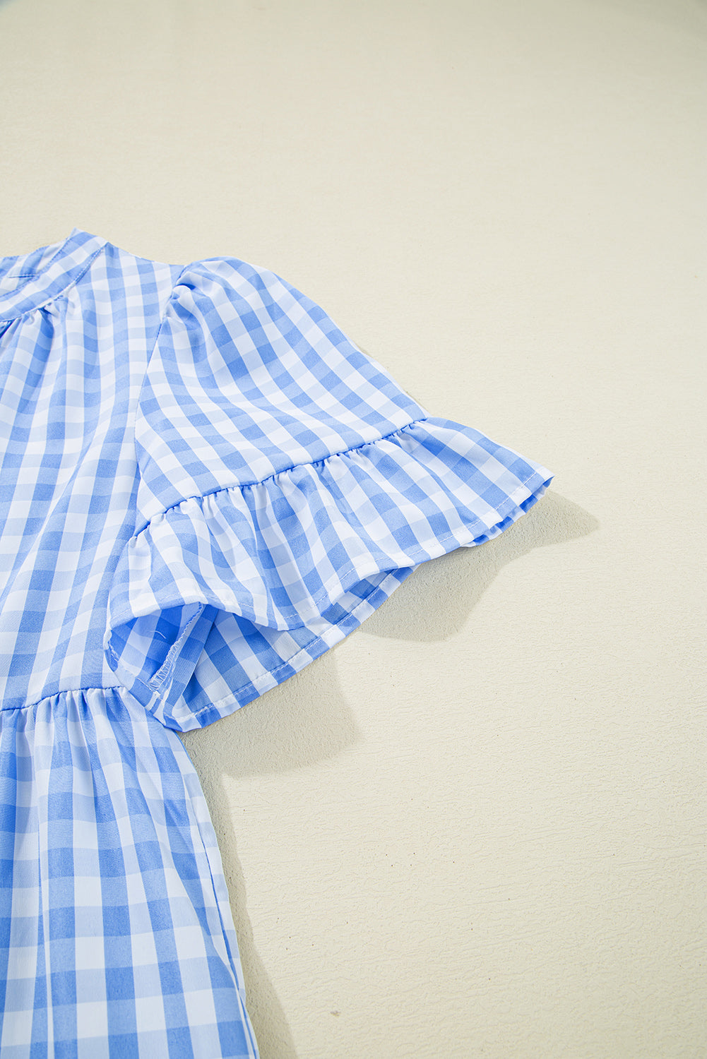 Sky Blue Gingham Short Sleeve Button Tie Split Neck Loose Mini Dress Mini Dresses JT's Designer Fashion