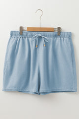 Beau Blue Washed Chambray Drawstring Elastic Waist Plus Size Shorts Plus Size Bottoms JT's Designer Fashion