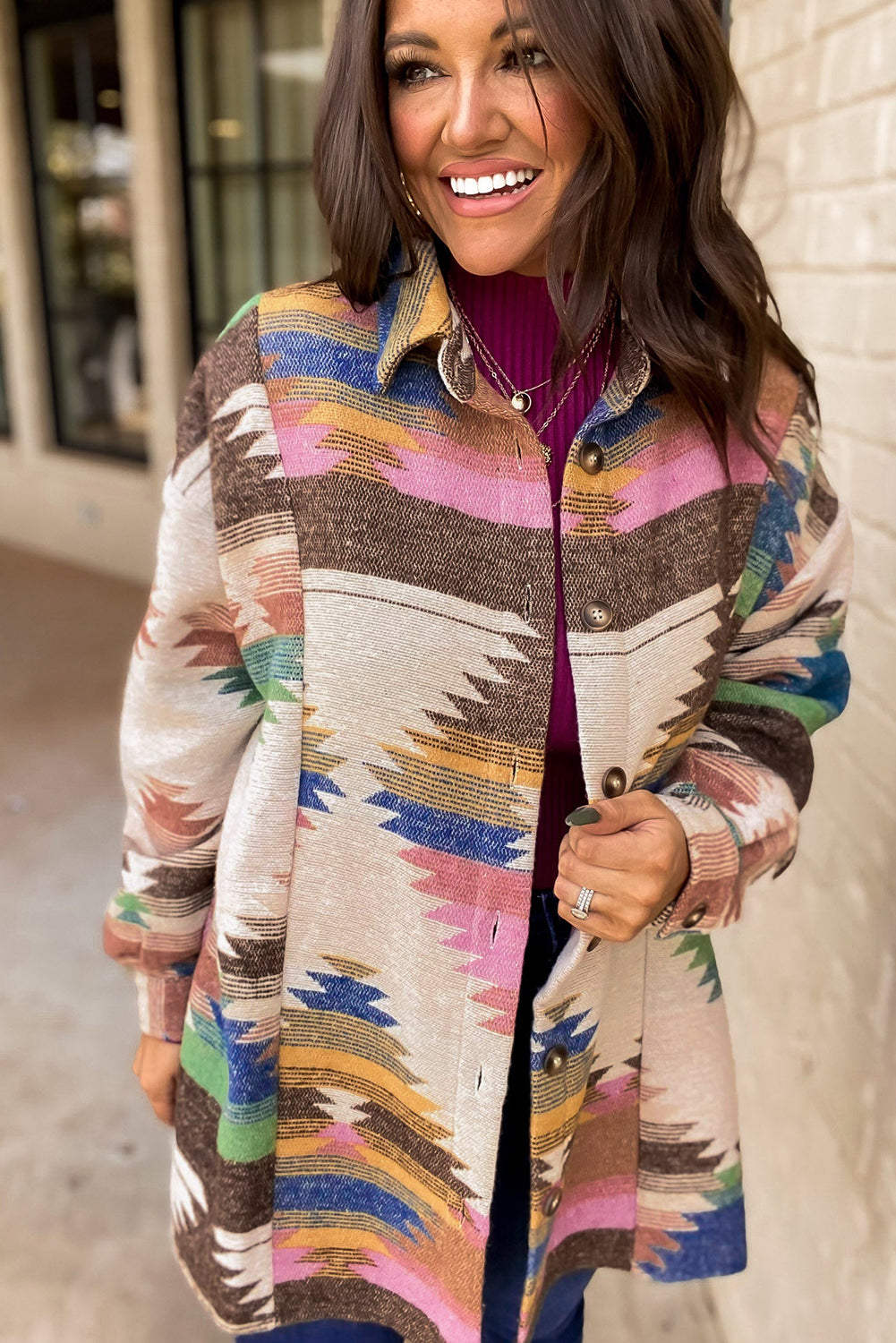 White Aztec Print Button Up Shacket Jackets JT's Designer Fashion