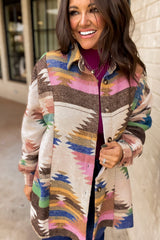 White Aztec Print Button Up Shacket Jackets JT's Designer Fashion