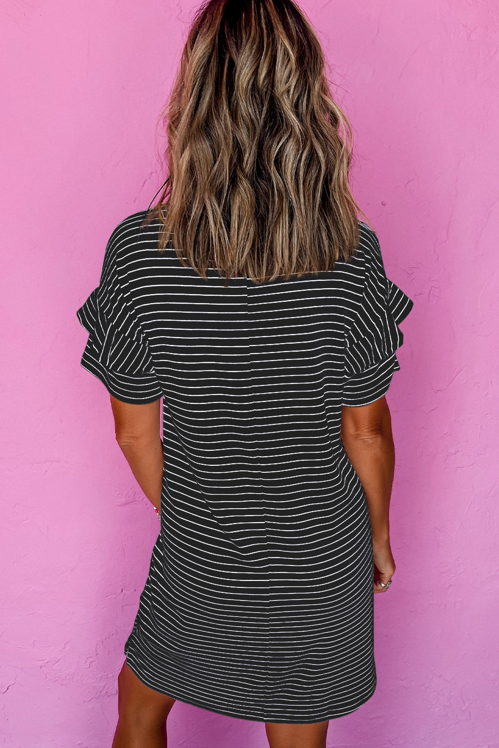 Black Stripe Ruffled Short Sleeve Crew Neck T Shirt Shift Mini Dress T Shirt Dresses JT's Designer Fashion