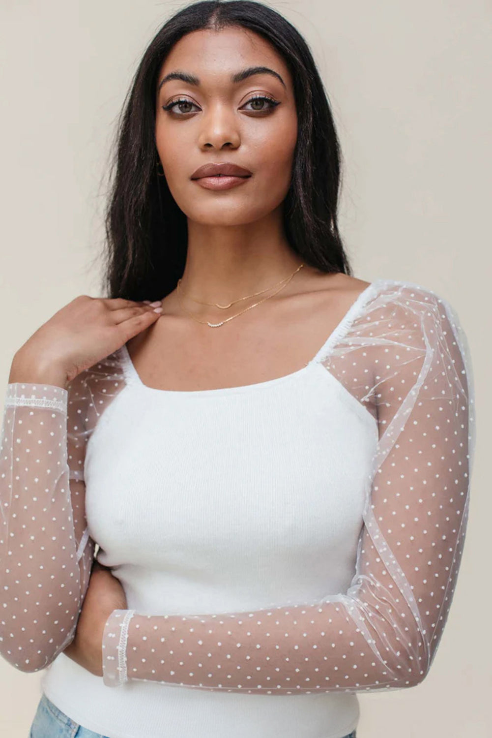 White Swiss Dot Mesh Long Sleeve Square Neck Slim Top Long Sleeve Tops JT's Designer Fashion