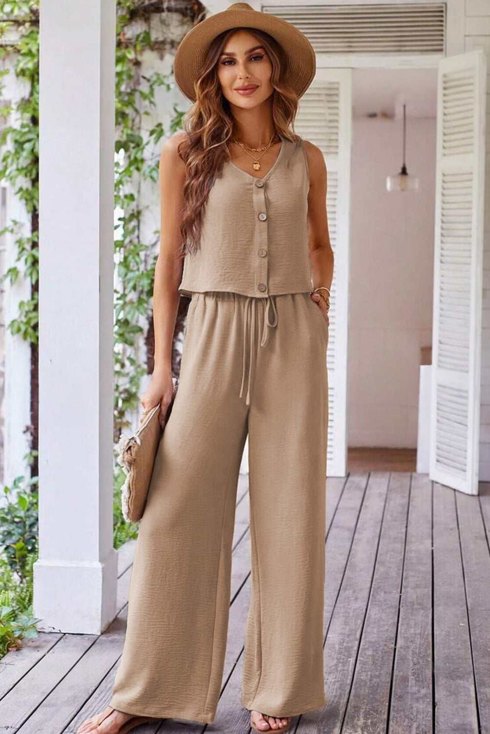 Goat Buttoned Vest Drawstring Wide Leg Pants 2pcs Set Pant Sets JT's Designer Fashion