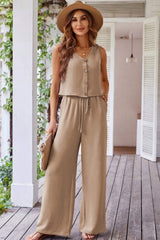Goat Buttoned Vest Drawstring Wide Leg Pants 2pcs Set Pant Sets JT's Designer Fashion