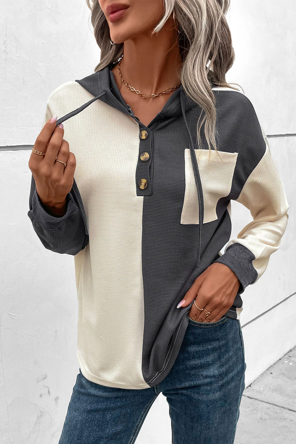 Dark Grey Waffle Colorblock Buttons Placket Drop Shoulder Drawstring Hoodie Sweatshirts & Hoodies JT's Designer Fashion