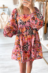 Pink Bohemian Square Neck Puff Sleeve Mini Dress Mini Dresses JT's Designer Fashion
