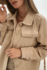 Light French Beige Solid Frilled Flap Pocket Button Up Corduroy Shacket Jackets JT's Designer Fashion