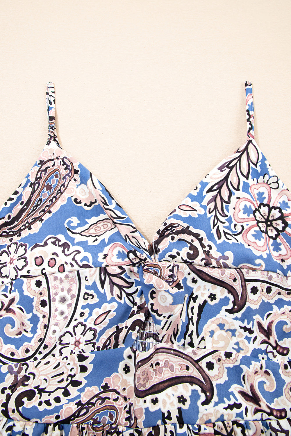 Blue Paisley Print Twist Detail Smocked Back Spaghetti Straps Long Dress Maxi Dresses JT's Designer Fashion