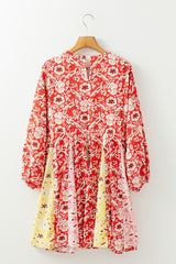 Red Colorful Floral Patchwork Long Sleeve Pleated Mini Dress Floral Dresses JT's Designer Fashion