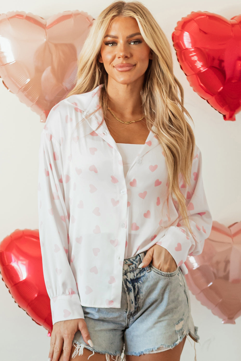 White Love Heart Print Drop Shoulder Puff Sleeve Shirt Blouses & Shirts JT's Designer Fashion