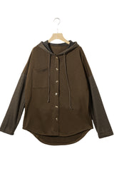 Dark Brown Button Up Contrast Knitted Sleeves Hooded Jacket Jackets JT's Designer Fashion