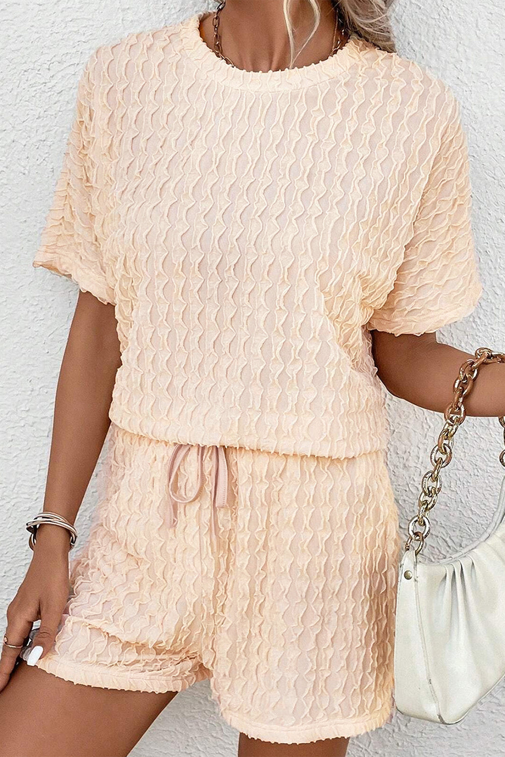 Beige Frill Textured Short Sleeve Top and Drawstring Shorts Set Short Sets JT's Designer Fashion