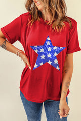 Red Sequin Star Graphic Crewneck T Shirt Graphic Tees JT's Designer Fashion