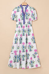 White Floral Puff Short Sleeve V Neck High Waist Maxi Dress Floral Dresses JT's Designer Fashion