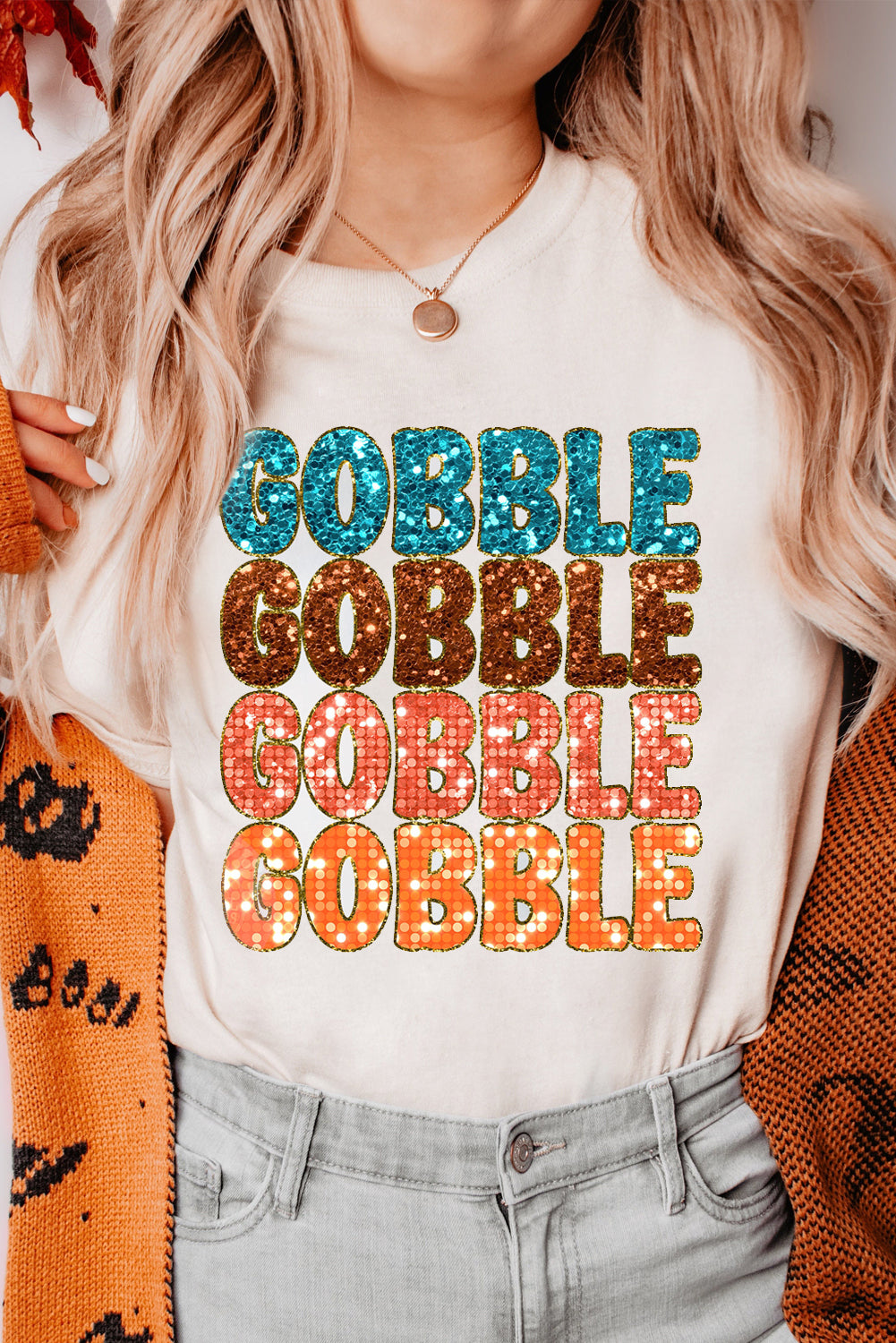 White Glittering GOBBLE Graphic Crewneck Thanksgiving T Shirt Graphic Tees JT's Designer Fashion