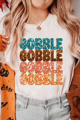 White Glittering GOBBLE Graphic Crewneck Thanksgiving T Shirt Graphic Tees JT's Designer Fashion