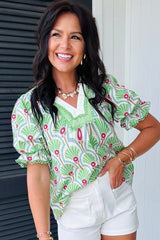 Green Floral Print Ricrac Trim Contrast V Neck Bubble Sleeve Summer Blouse Blouses & Shirts JT's Designer Fashion