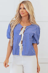 Blue Stripe Tied Front Puff Short Sleeve Blouse Blouses & Shirts JT's Designer Fashion