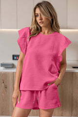Bonbon Textured Ruffled Sleeve Tee and Drawstring Shorts Set Bottoms JT's Designer Fashion
