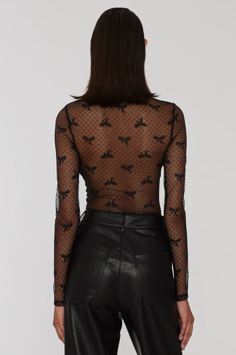 Black Bow Pattern Accent Mesh Long Sleeve Top Long Sleeve Tops JT's Designer Fashion