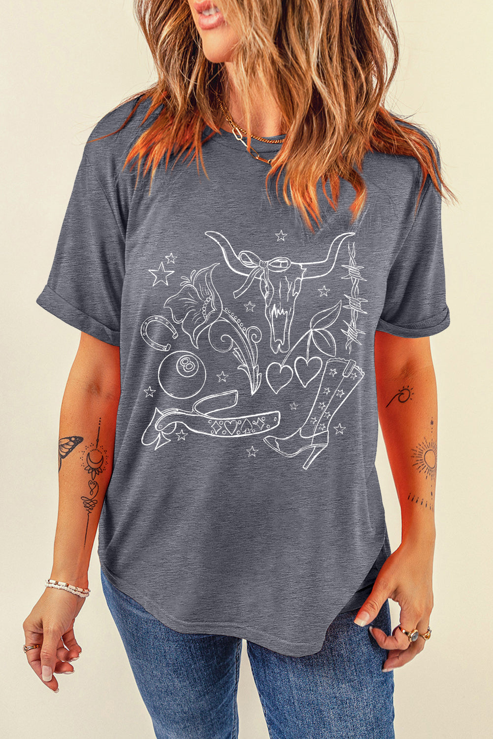Gray Cowgirl Boots OX Head Western Fashion Print Crewneck Tee Graphic Tees JT's Designer Fashion