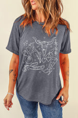 Gray Cowgirl Boots OX Head Western Fashion Print Crewneck Tee Graphic Tees JT's Designer Fashion