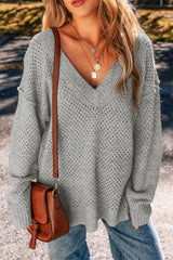 Light Grey Loose Eyelet V Neck Drop Shoulder Sweater Light Grey 50%Regenerated Polyester+27%Acrylic+15%Polyamide+6%Wool+2%Elastane Sweaters JT's Designer Fashion