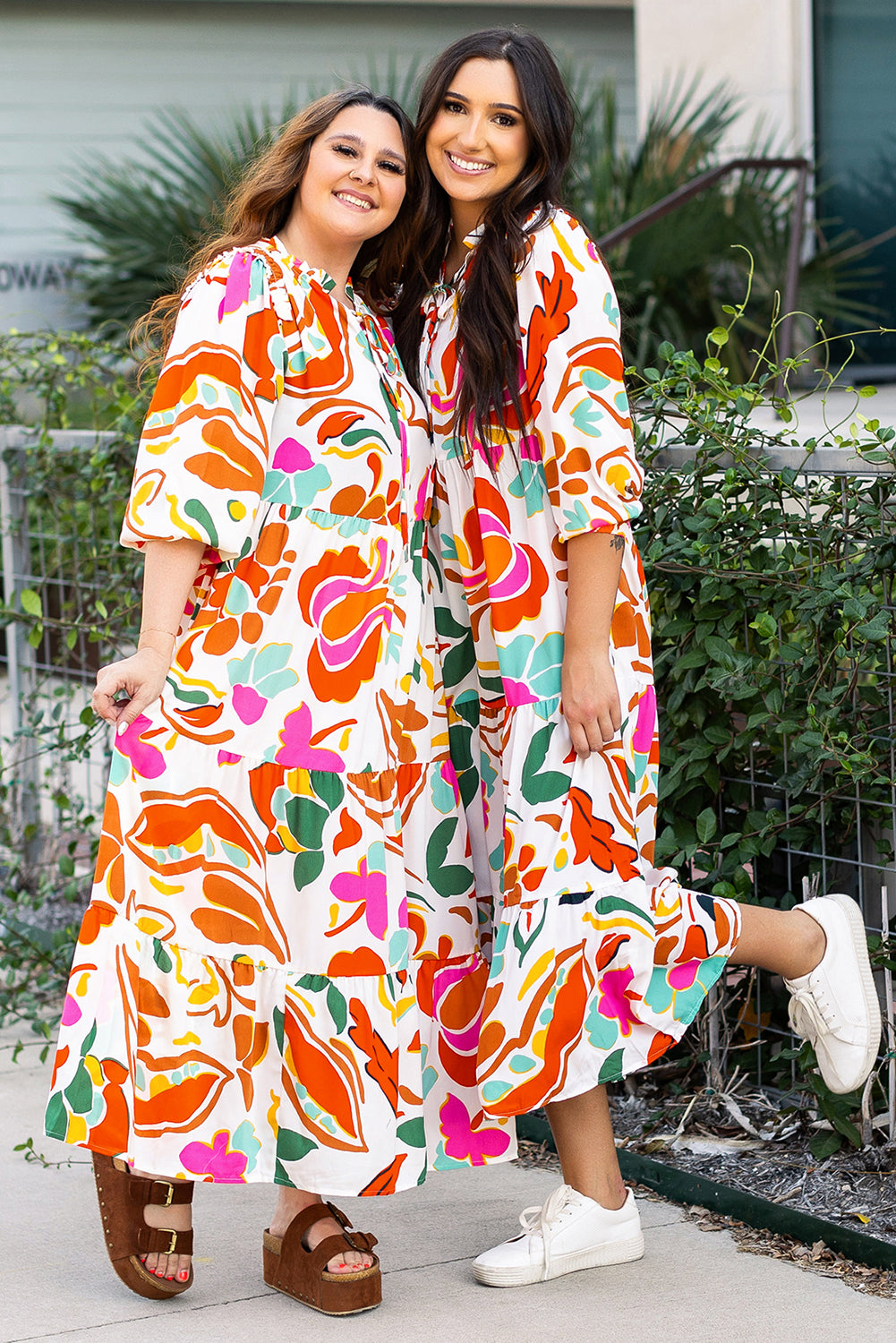 Orange Floral Print Drawstring V Neck Tiered Plus Size Dress Plus Size Maxi Dresses JT's Designer Fashion