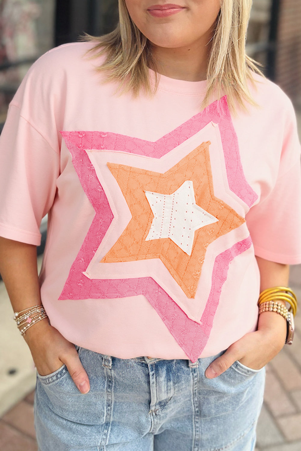 Light Pink Eyelet Lace Star Applique Plus Size T Shirt Plus Size Tops & Tees JT's Designer Fashion
