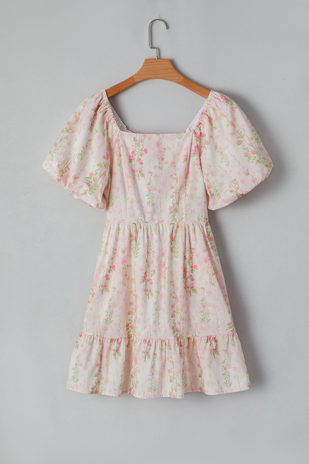 Pink Floral Puff Sleeve Square Neck Knotted Open Back Ruffled Mini Dress Floral Dresses JT's Designer Fashion