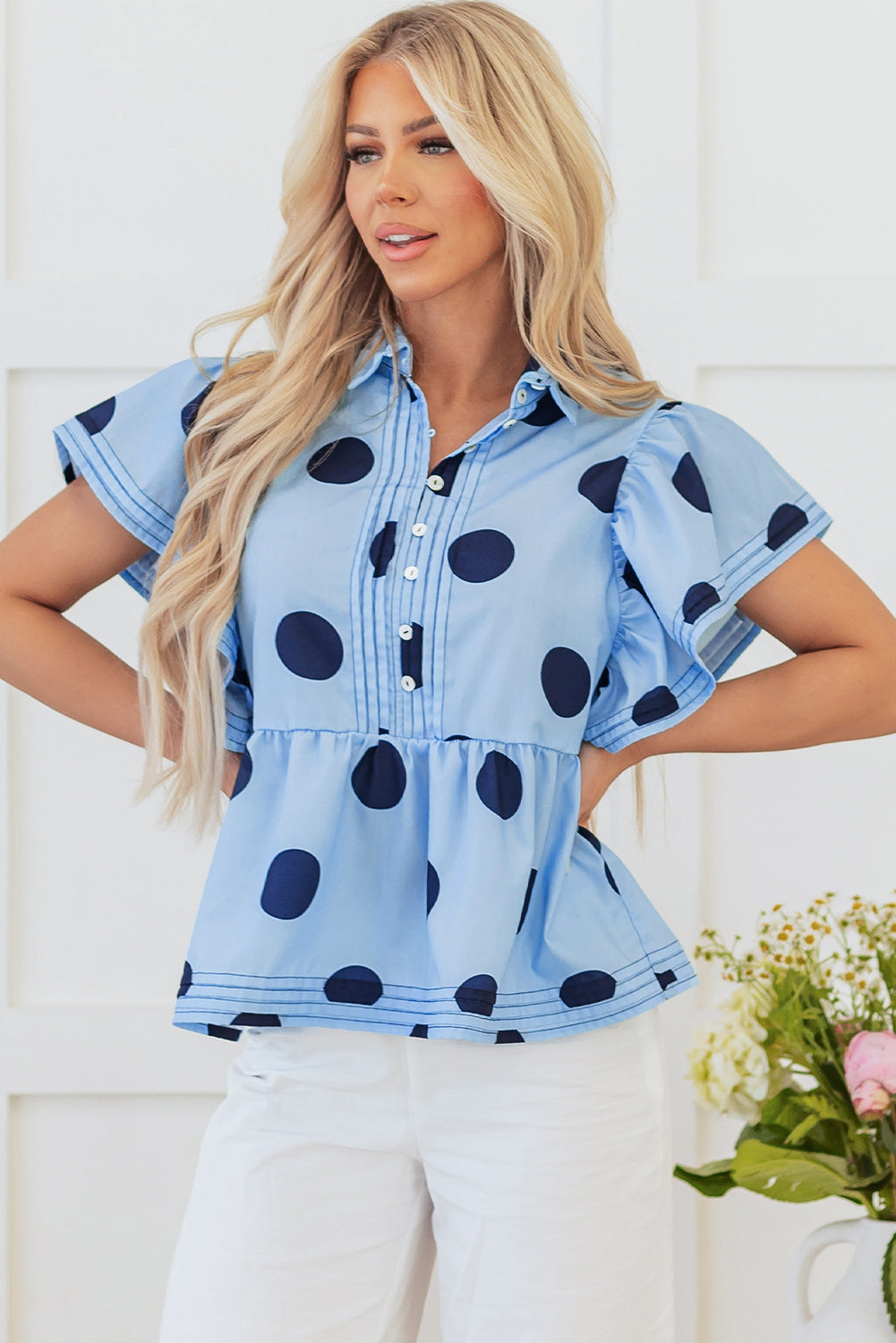 Sky Blue Polka Dot Print Ruffled Short Sleeve Buttoned Collared Blouse Blouses & Shirts JT's Designer Fashion