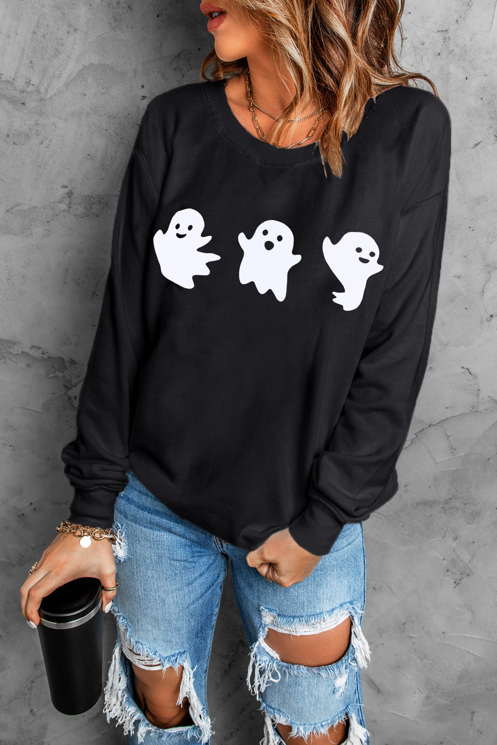 Black Halloween Ghosts Print Round Neck Sweatshirt Graphic Sweatshirts JT's Designer Fashion