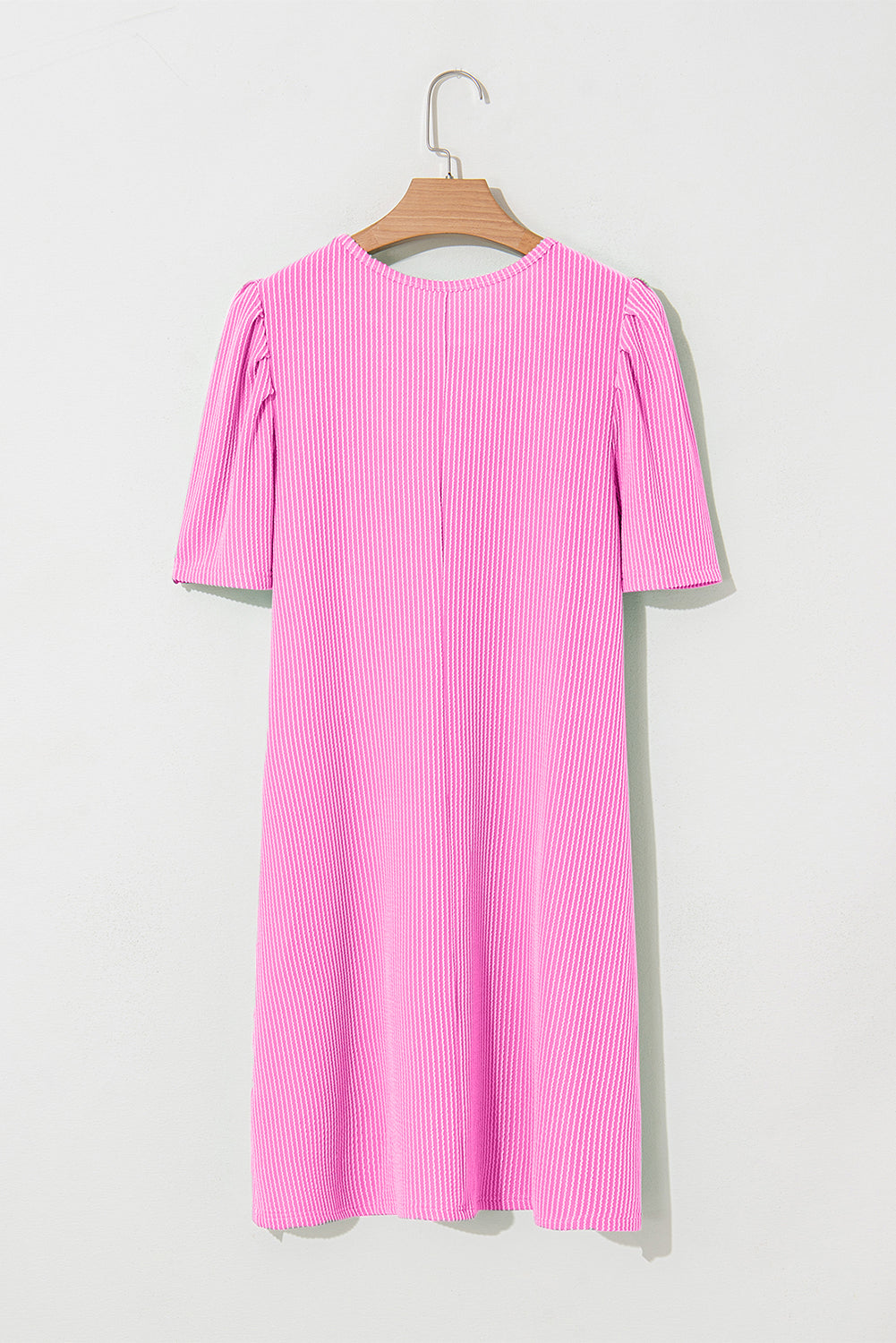 Bright Pink Flag Pattern Inspired Sequin Bow Spiral Ribbed Puff Sleeve T Shirt Dress Graphic Dresses JT's Designer Fashion