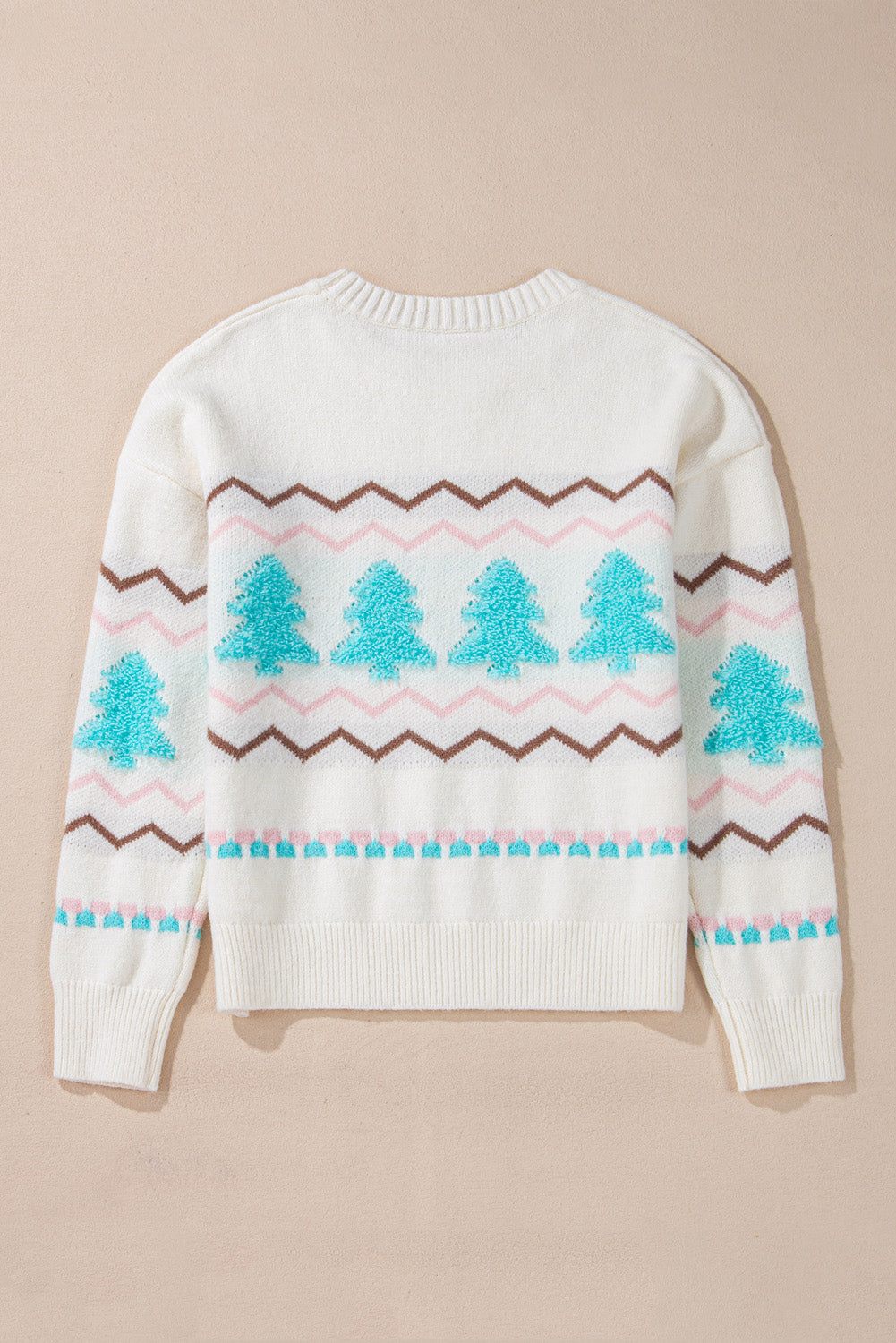 White Striped Christmas Tree Ribbed Trim Drop Shoulder Sweater Sweaters JT's Designer Fashion