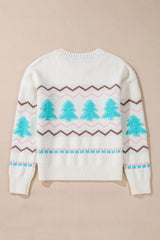White Striped Christmas Tree Ribbed Trim Drop Shoulder Sweater Sweaters JT's Designer Fashion