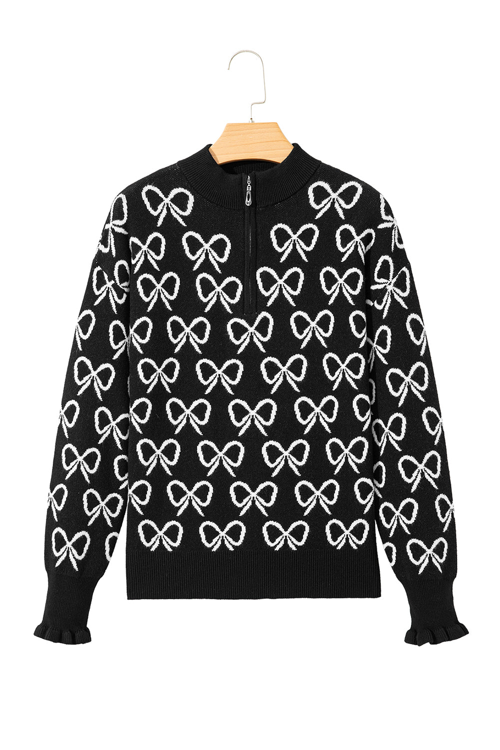 Black Cute Bow Pattern Drop Shoulder Zipped Collar Sweater Sweaters JT's Designer Fashion