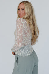 White Sheer Floral Lace Long Sleeve Slim Fit Top Long Sleeve Tops JT's Designer Fashion
