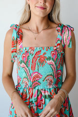 Green Abstract Print Smocked Bodice Knotted Straps Ruffled Long Dress Maxi Dresses JT's Designer Fashion