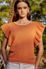 Russet Orange Contrast Trim Ruffle Sleeve Knitted Top Sweaters & Cardigans JT's Designer Fashion