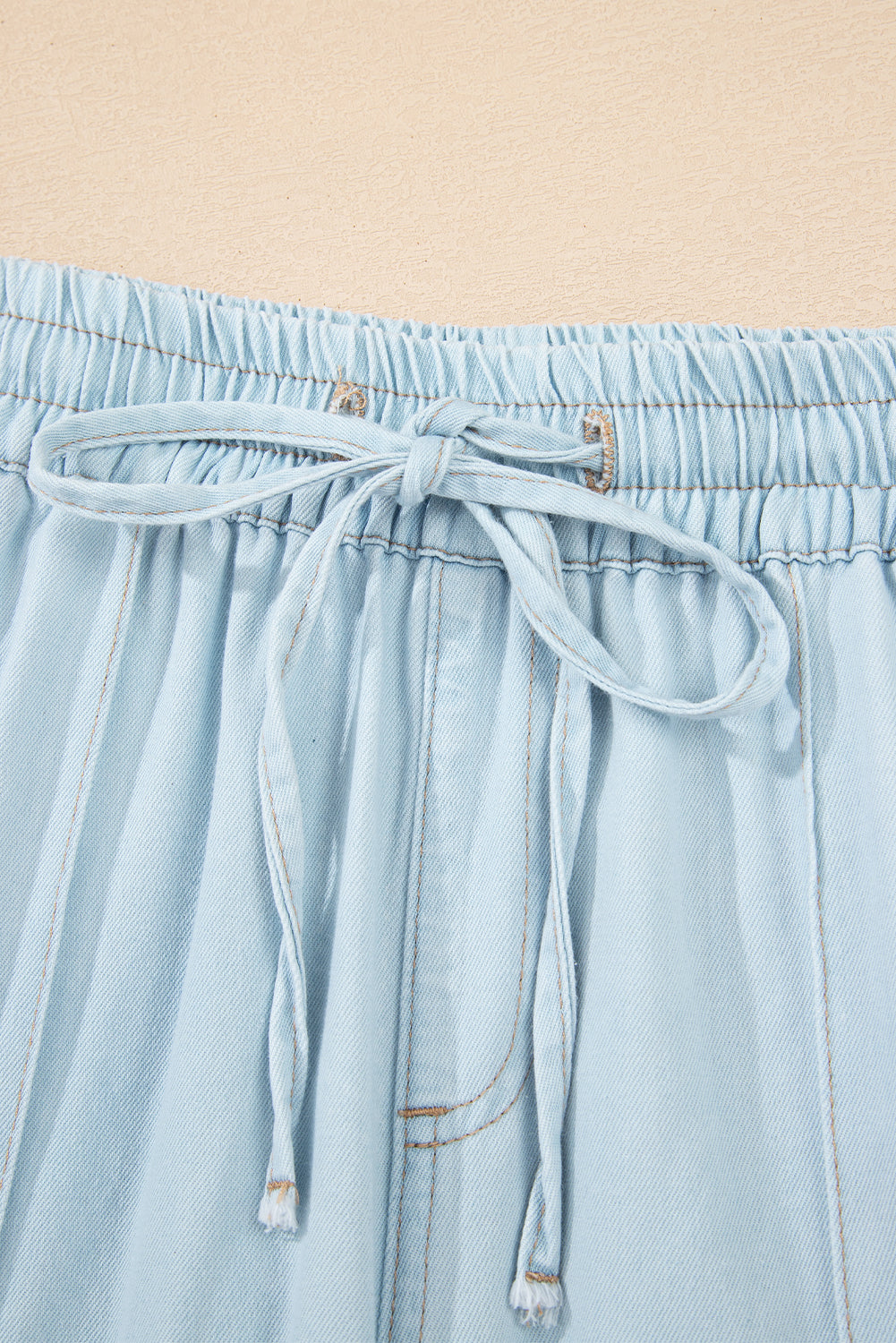 Beau Blue Light Wash Contrast Trim Center Seam Drawstring Elastic Waistband Wide Leg Denim Pants Jeans JT's Designer Fashion